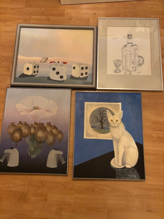 Image 1 of 3 olieverf schilderijen en 1 tekening 