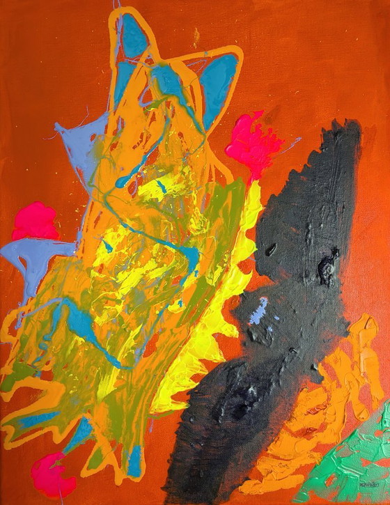 Image 1 of Abstract Expressionist Cat and Bat Painting Oil Drip Painting and Pallet Knife Acrylic Paint red primed canvas unframed 35x45cm 