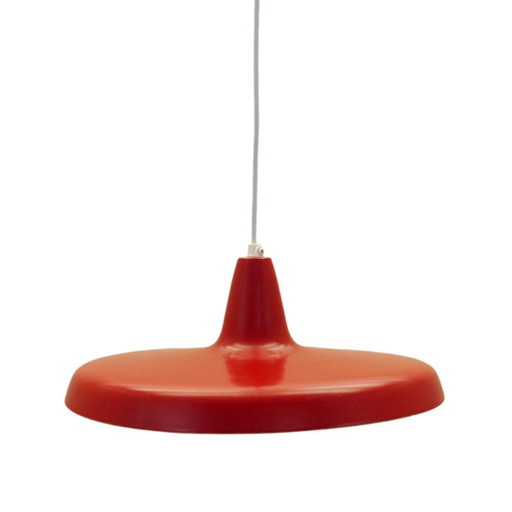Lampada a sospensione industriale danese in metallo rosso, design moderno scandinavo, anni '60 – hanglampen