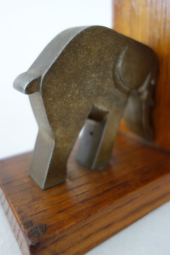 Image 1 of Coppia di fermalibri vintage a forma di elefante in legno e ottone