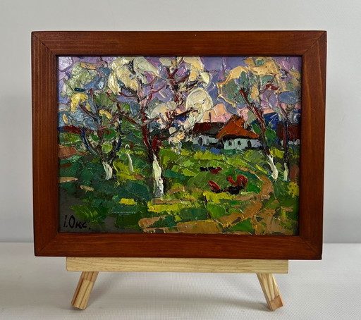 Original Oil Painting Day Village Landscape Spring scent of nature