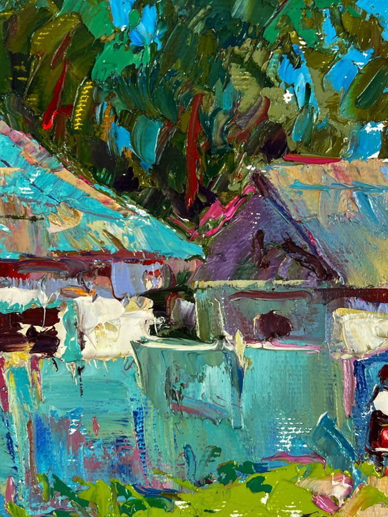 Image 1 of Peinture à l'huile originale, paysage rural, village, retour des champs