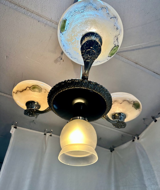 Antique Art Deco Style Pendant Lamp Chandelier with Marbled Opal Glass, Ceiling lights, Metal, Black (photo 13 of 14)
