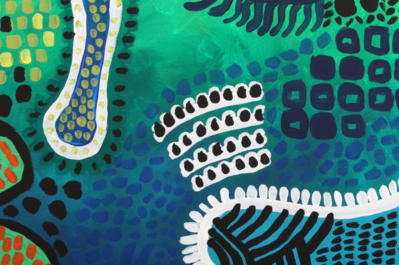 Image 1 of Modern abstract green, yellow, purple and orange mixed media painting