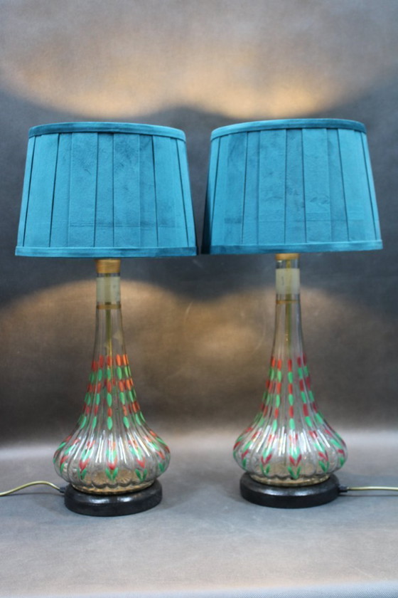 Image 1 of Paire de lampes de table en verre peintes à la main avec abat-jour en tissu neuf, Tchécoslovaquie, années 1960