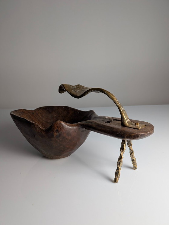 Image 1 of David Marshall, skulpturale Obstschale aus Bronze und Holz, Tischdekoration, 1970er Jahre