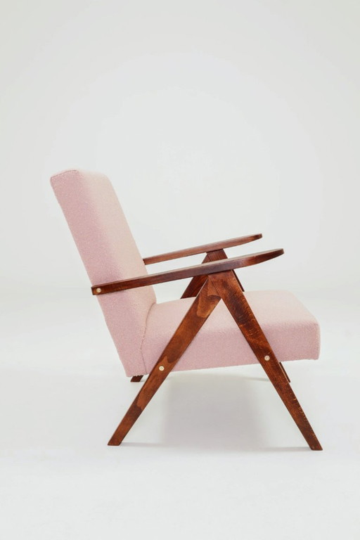 Poltrona vintage in legno rustico rosa bouclé tessuto zig zag design moderno 1970