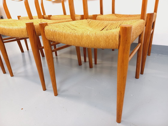 Image 1 of Suite de 6 chaises vintage italiennes en teck et corde danoise Gessef Consorzio Sedie Friuli