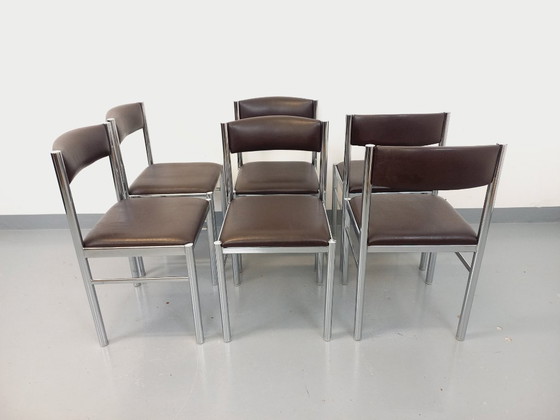 Image 1 of Set di 6 sedie vintage anni '70 in metallo cromato e similpelle marrone