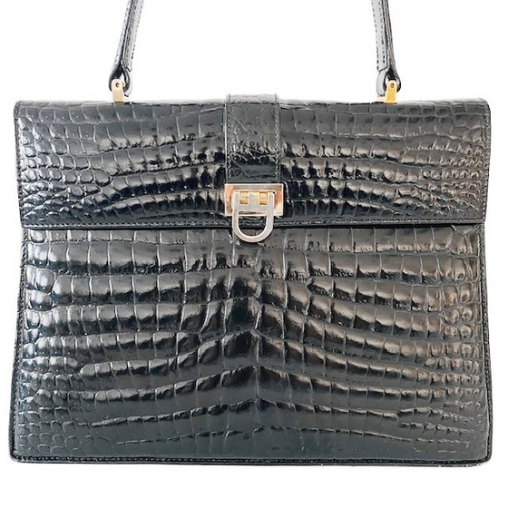 Image 1 of Borsa vintage in vernice nera con stampa coccodrillo Vimar Paris, anni '60