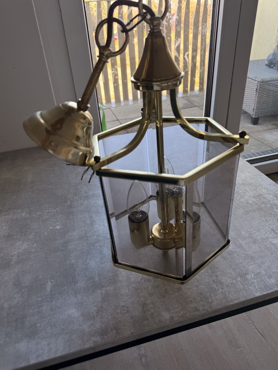 Image 1 of Holtkötter Hängeleuchte Messing, 3-flammig, Vintage, Glas, Made in Germany