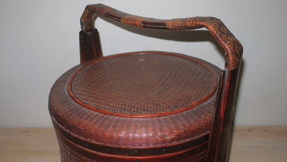 Image 1 of Antieke mand van hout en rotan met 3 vakken, 1900