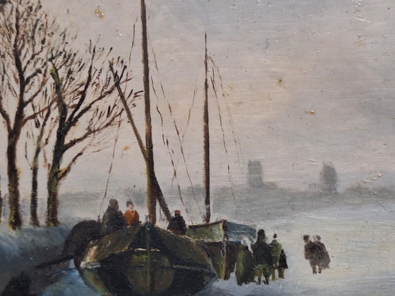 Image 1 of Wintertafereel olieverfschilderij op paneel 