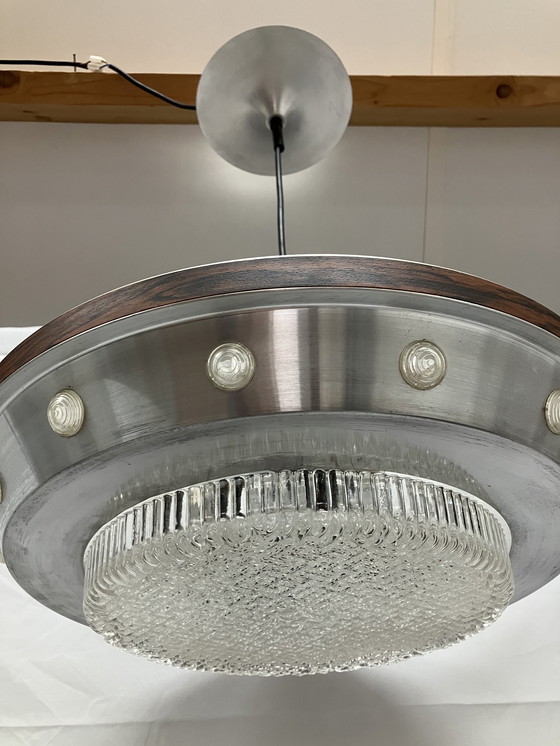 Image 1 of Lampada a sospensione ufo dell'era spaziale vintage in alluminio spazzolato
