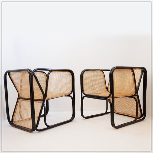 Pair of designer armchairs in bentwood and wicker, Jan Bocan style