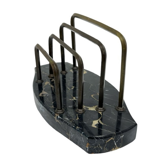 Image 1 of Art Deco Executive Desk Set: Letter Holder and Blotter – Portoro Marble and Brass – 1930s