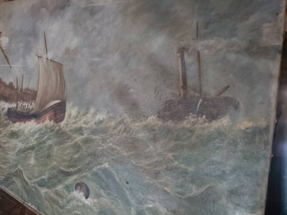 Image 1 of Oud, groot olieverfschilderij op canvas, zeegezicht, gesigneerd 1965.