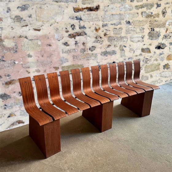 Image 1 of Curved teak and steel bench, 1950