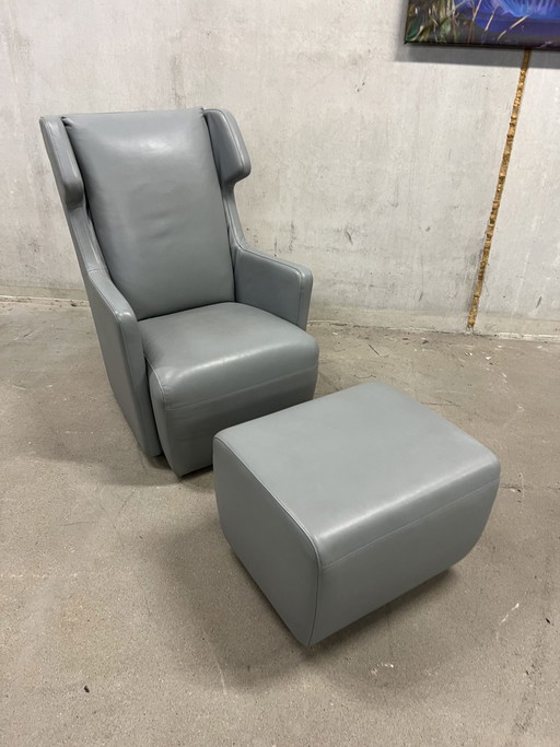 Rolf Benz Fauteuil + poef grijs leer