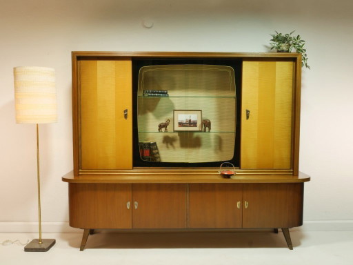 Vintage Wohnzimmerschrank 60er Jahre, Cocktailschrank Hausbar, Vitrine mit Glasschiebetüren, Mid Century Highboard, Deutschland