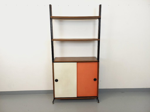 Vintage Italian modular shelving unit in melamine with wood and metal decor from the 60s