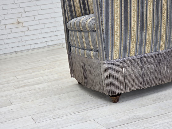 Image 1 of 1960s Danish Lounge Chair, Blue/Beige Furniture Velour, Beech Wood Legs