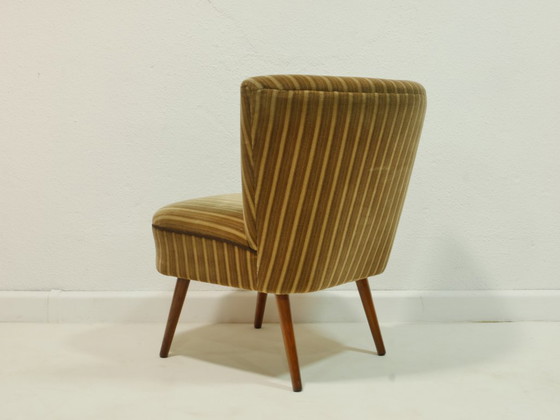 Image 1 of Vintage Cocktailsessel 60er Jahre, Mid Century Sessel, gestreifter Polsterstoff Oliv Braun Creme, Lounge Chair Germany