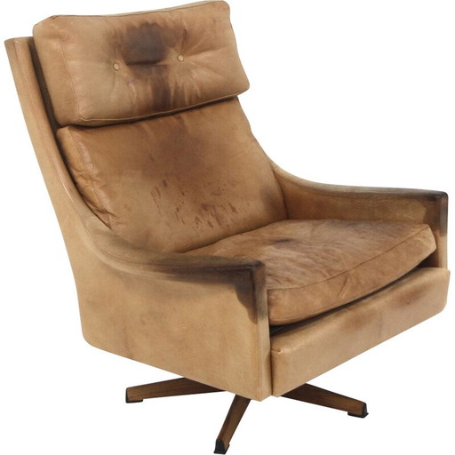 Sillón giratorio vintage Minerva en palisandro y cuero de Torbjørn Afdal, Suecia, 1960