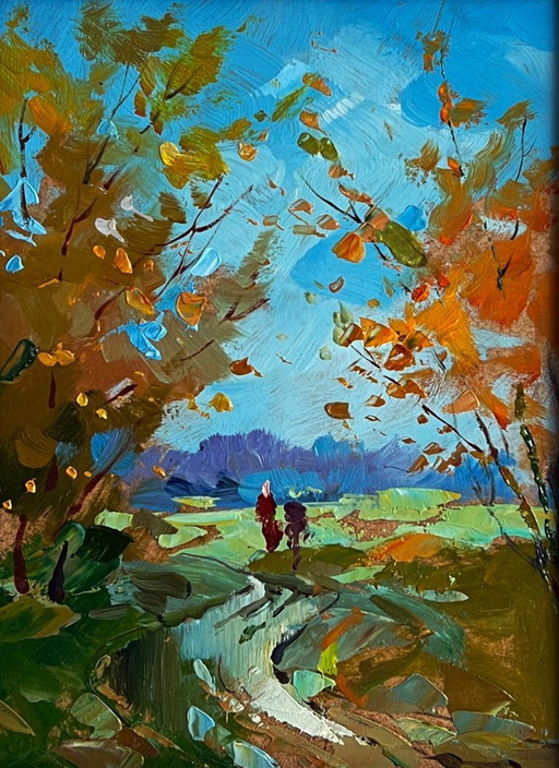 Dipinto ad olio originale Paesaggio rurale Natura Autunno Sentiero nel campo