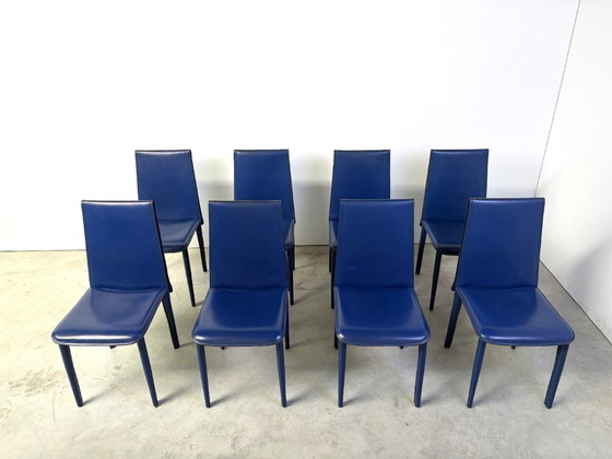 Blue Leather Dining Chairs by Fasem, 1980s - Set of 8 (photo 10 of 13)