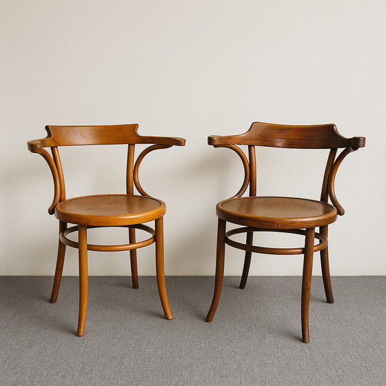 Image 1 of Origineel duo vintage bentwood armstoelen – Thonet (Bieletz-Mistelbach, ca. 1920) & Fischel (Czechoslovakia, ca. 1950)