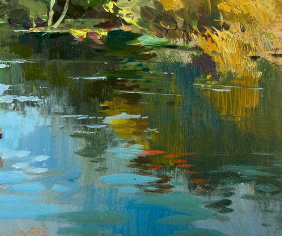 Image 1 of Original Oil Painting Summer River Landscape Boat in green reflections