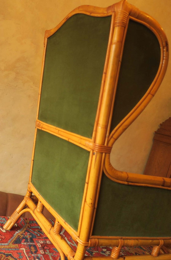 Image 1 of Sillón de orejas de mediados de siglo en bambú y verde oliva, década de 1960