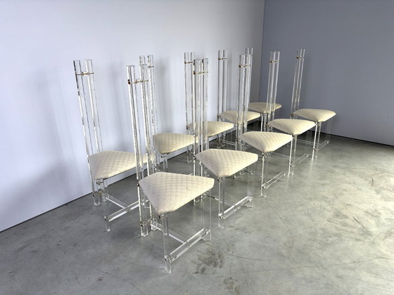 Sedie da pranzo in ottone e lucite, set di 10 - anni '70 – Plexiglass, Textile (photo 9 of 17)