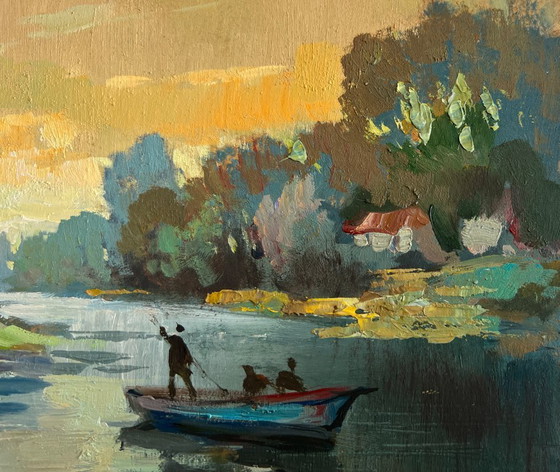Image 1 of Original Oil Painting Evening River Landscape Love and the reflection of the sun