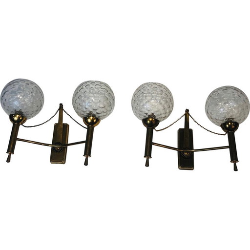 Pair of vintage brass and glass wall lamps, 1970