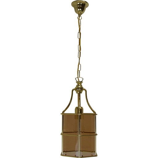 Lampe suspendue en verre fumé et laiton, Mid Century, Tchécoslovaquie, années 1980