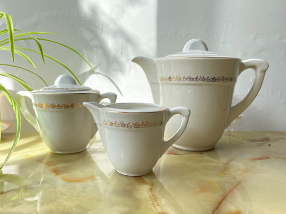 Image 1 of Set da tè/caffè vintage in porcellana bianca con motivo Madrid Moulin des Loups dorato