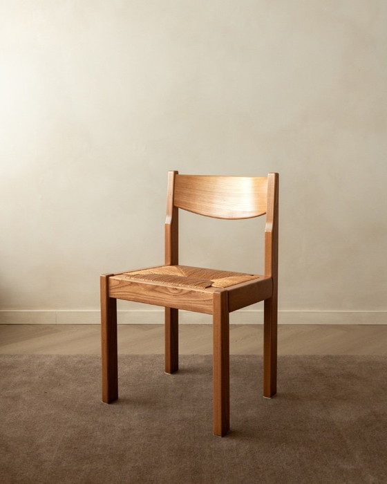 Image 1 of Mid-century eetkamerstoelen van iepenhout en riet van Maison Regain, jaren 70, set van 4
