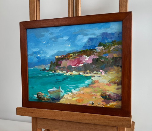 Original Oil Painting Coastal Mountain Landscape After the sea storm