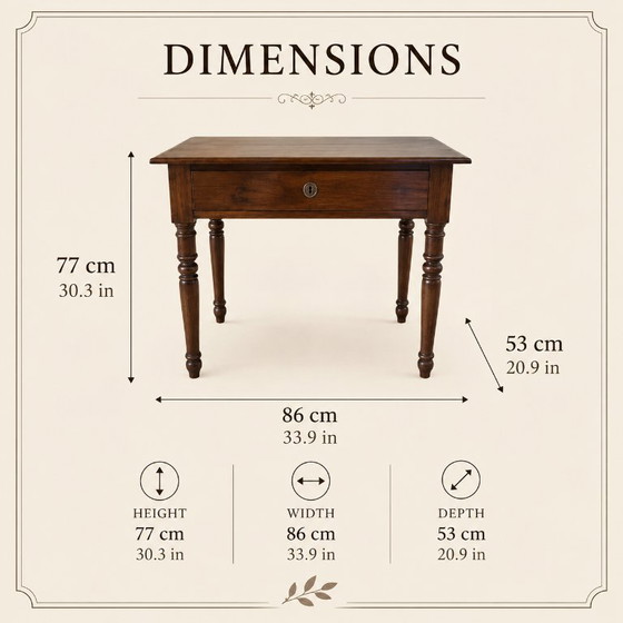 19th Century Walnut Table – Restored with Full-Width Drawer – TAVOLO DA SALOTTO ANTICO, Side tables, Wood (photo 6 of 9)