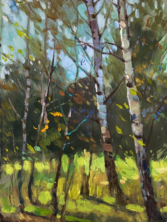Image 1 of Peinture à l'huile originale, paysage naturel, prairie, promenade parmi les bouleaux