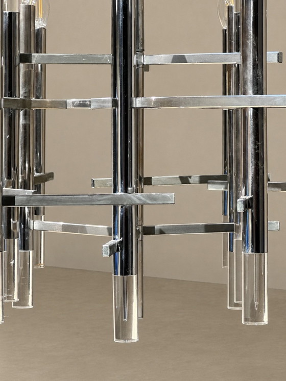 Image 1 of Lustre Gaetano Sciolari en chrome et lucite, style Mid-Century, Italie, vers 1970 — Étiquette d'origine