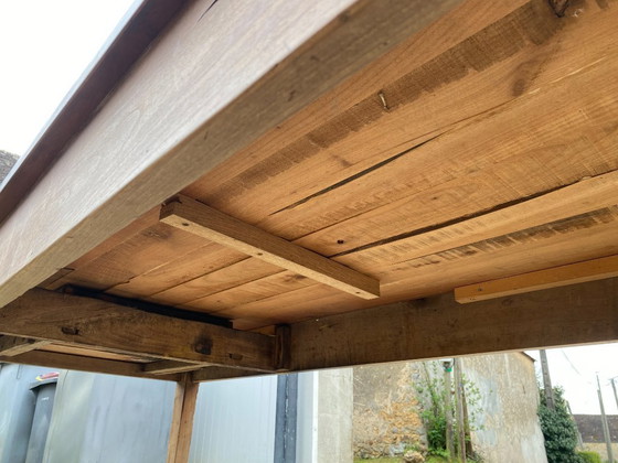 Image 1 of Eettafel in boerderijstijl van massief hout met 1 lade, circa 1930, 209x80 cm