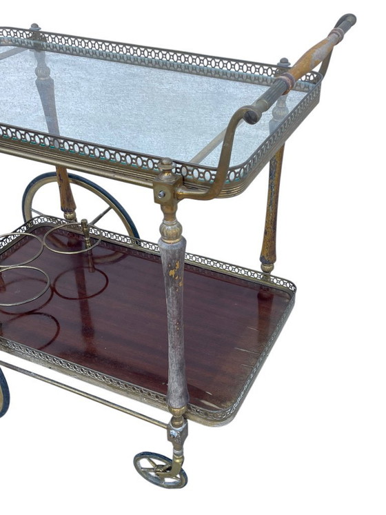 Image 1 of Carrello bar/carrello per bevande in ottone e legno, prodotto da Maison Jansen, Francia, anni '40.
