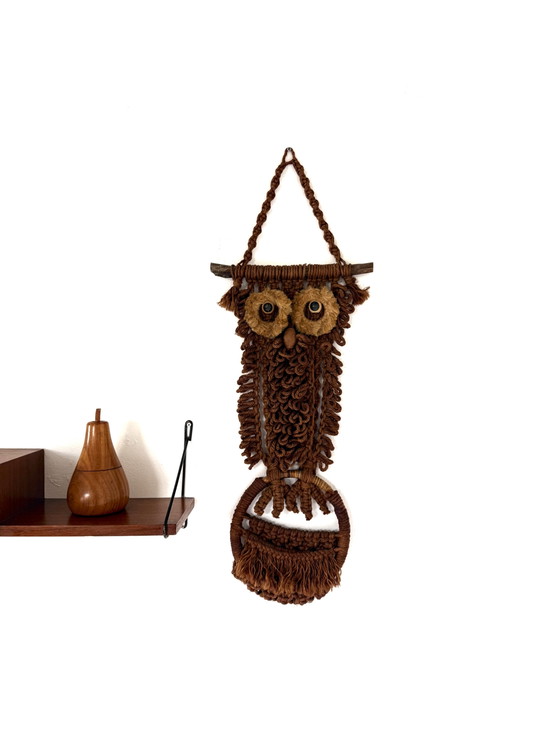 Vintage macramé owl wall hanging, 1970s – Wall decoration, Wood, Textile (photo 7 of 7)