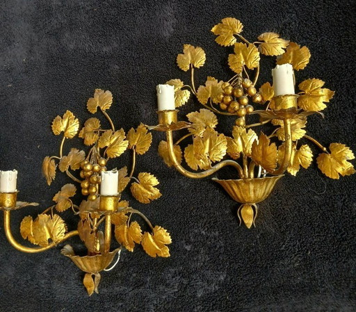 Splendid vintage wall sconces in gilded iron with a grape and vine design from Italy