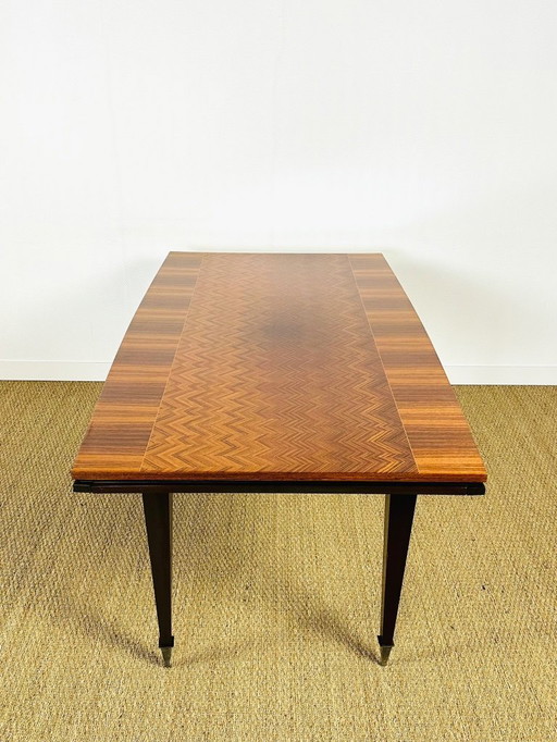 Mesa de comedor Art Déco en marquetería de espiga barnizada con extensiones, 1940