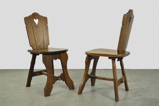 Image 1 of Vintage BRUTALIST oak handmade farmhouse dining chairs, 1930s Netherlands