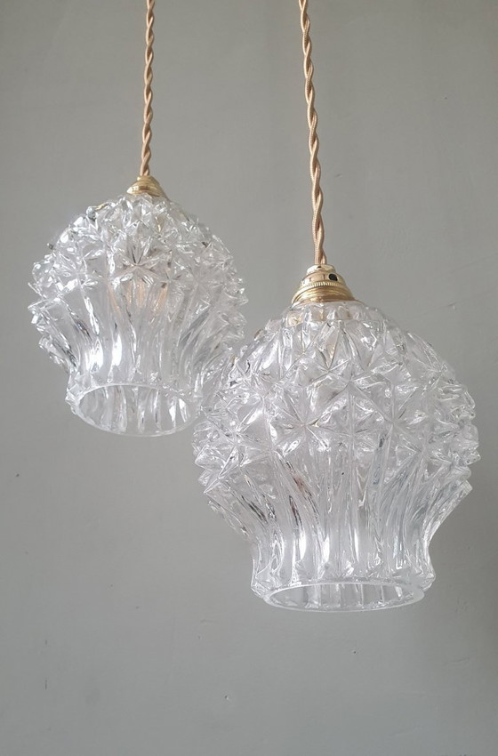 Image 1 of Set van 2 Vintage getextureerde bollampen - hanglampen - midcentury design. 